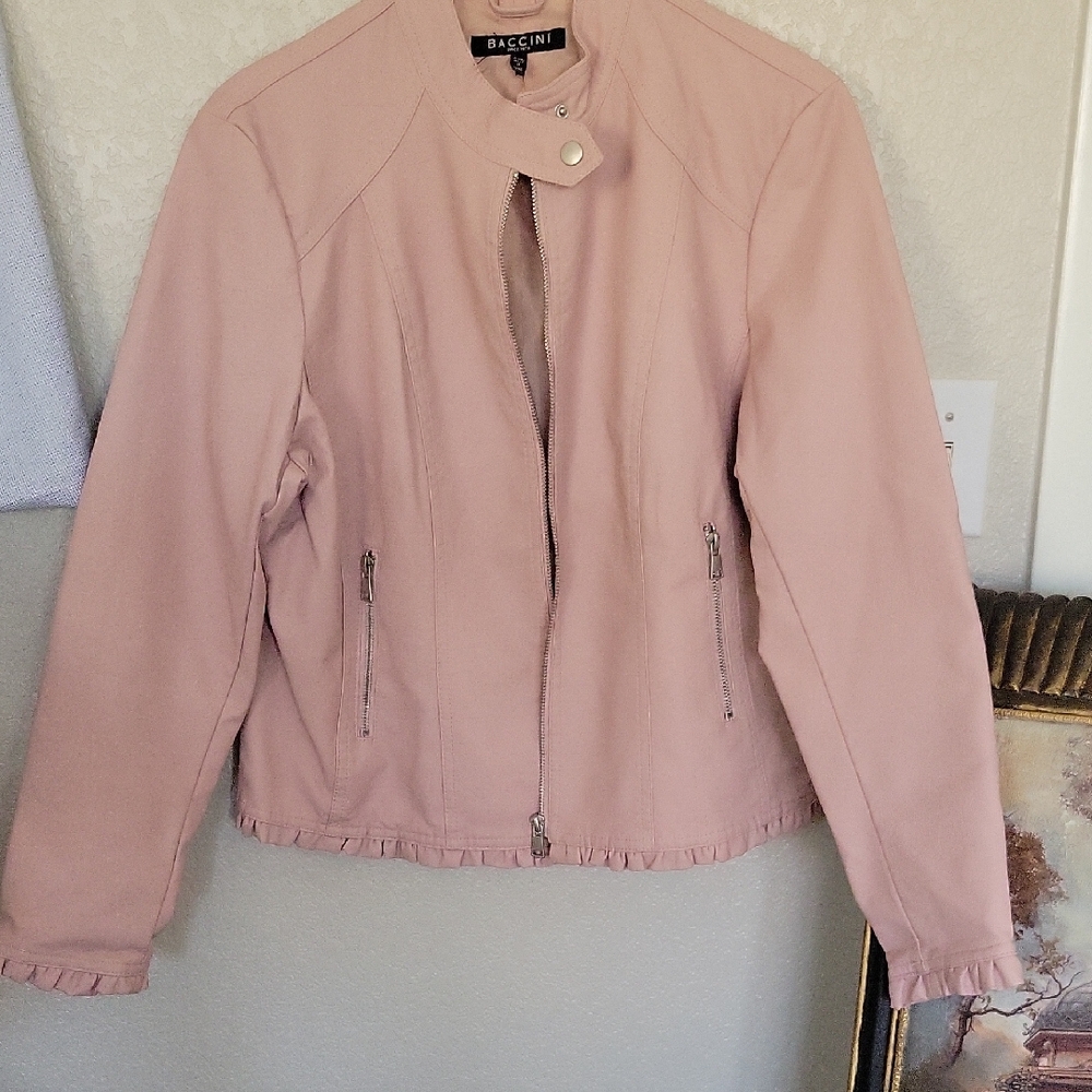 Baccini Pink Leather Jacket Cropped Moto Style